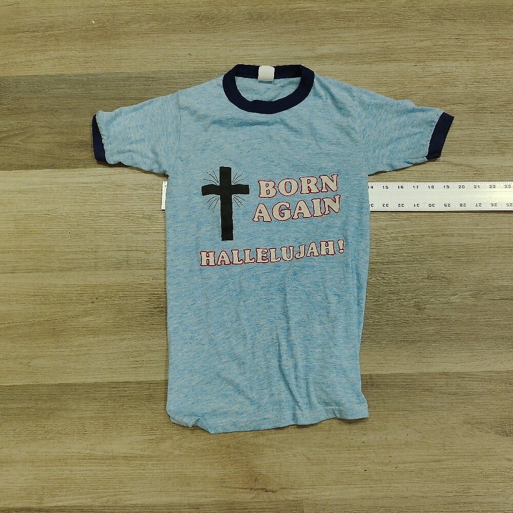 vintage dead stock Christian ringer tee, size S